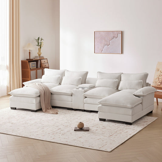 Divano a U con consolle, portabicchieri e porte USB, arredamento da interno simmetrico imbottito, set divano letto con chaise longue
