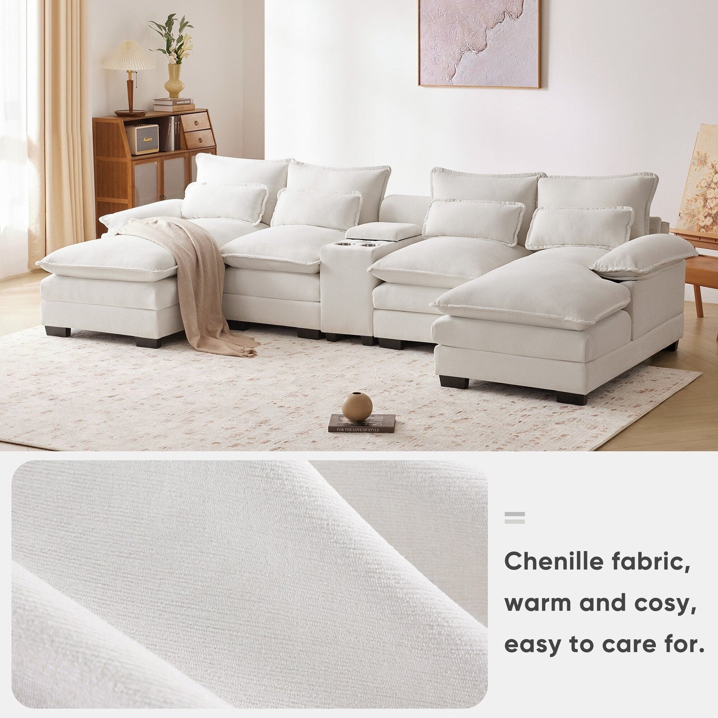 Divano a U con consolle, portabicchieri e porte USB, arredamento da interno simmetrico imbottito, set divano letto con chaise longue