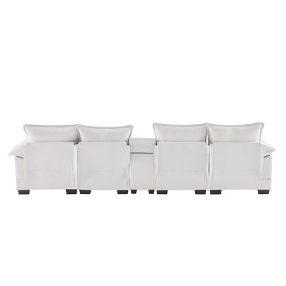 Divano a U con consolle, portabicchieri e porte USB, arredamento da interno simmetrico imbottito, set divano letto con chaise longue