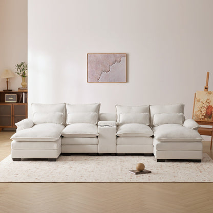 Divano a U con consolle, portabicchieri e porte USB, arredamento da interno simmetrico imbottito, set divano letto con chaise longue