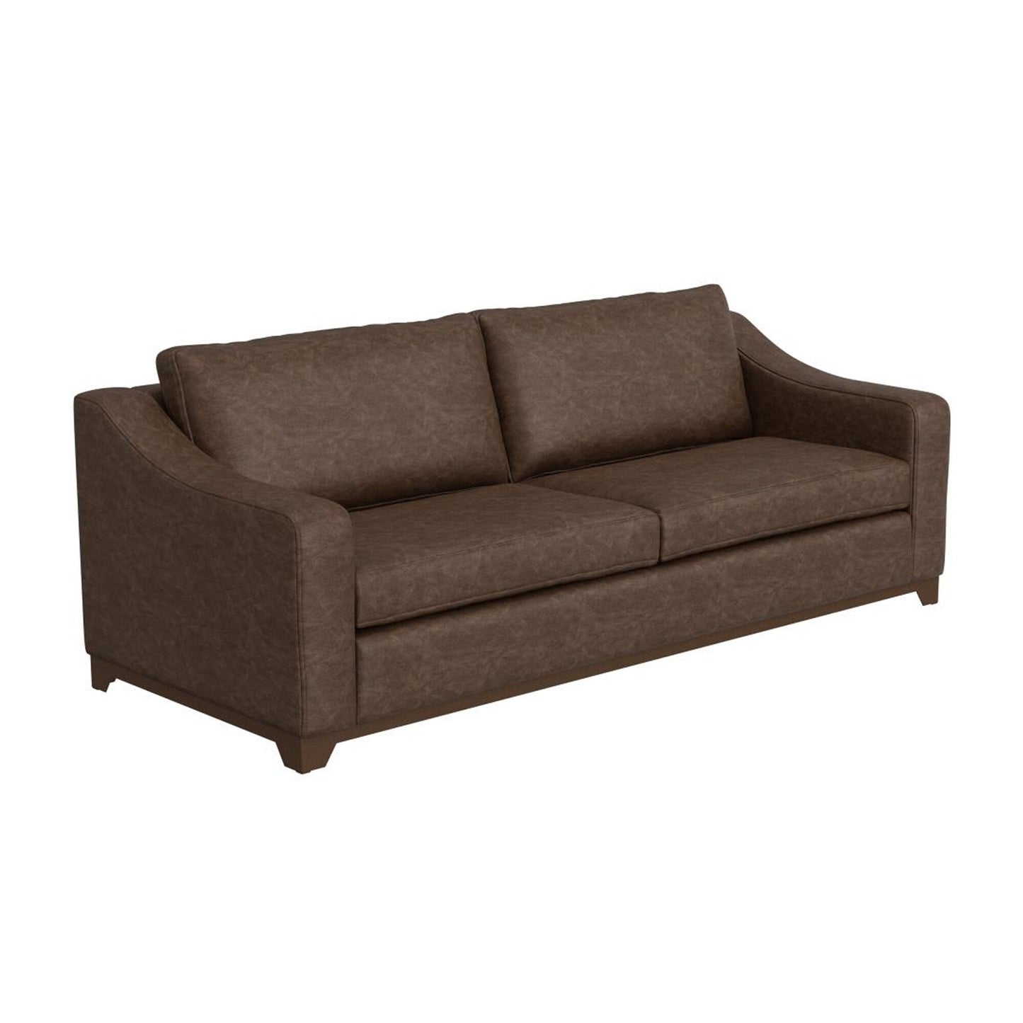 Divano Umey, 2 cuscini decorativi, moderno in similpelle marrone scuro, legno massello