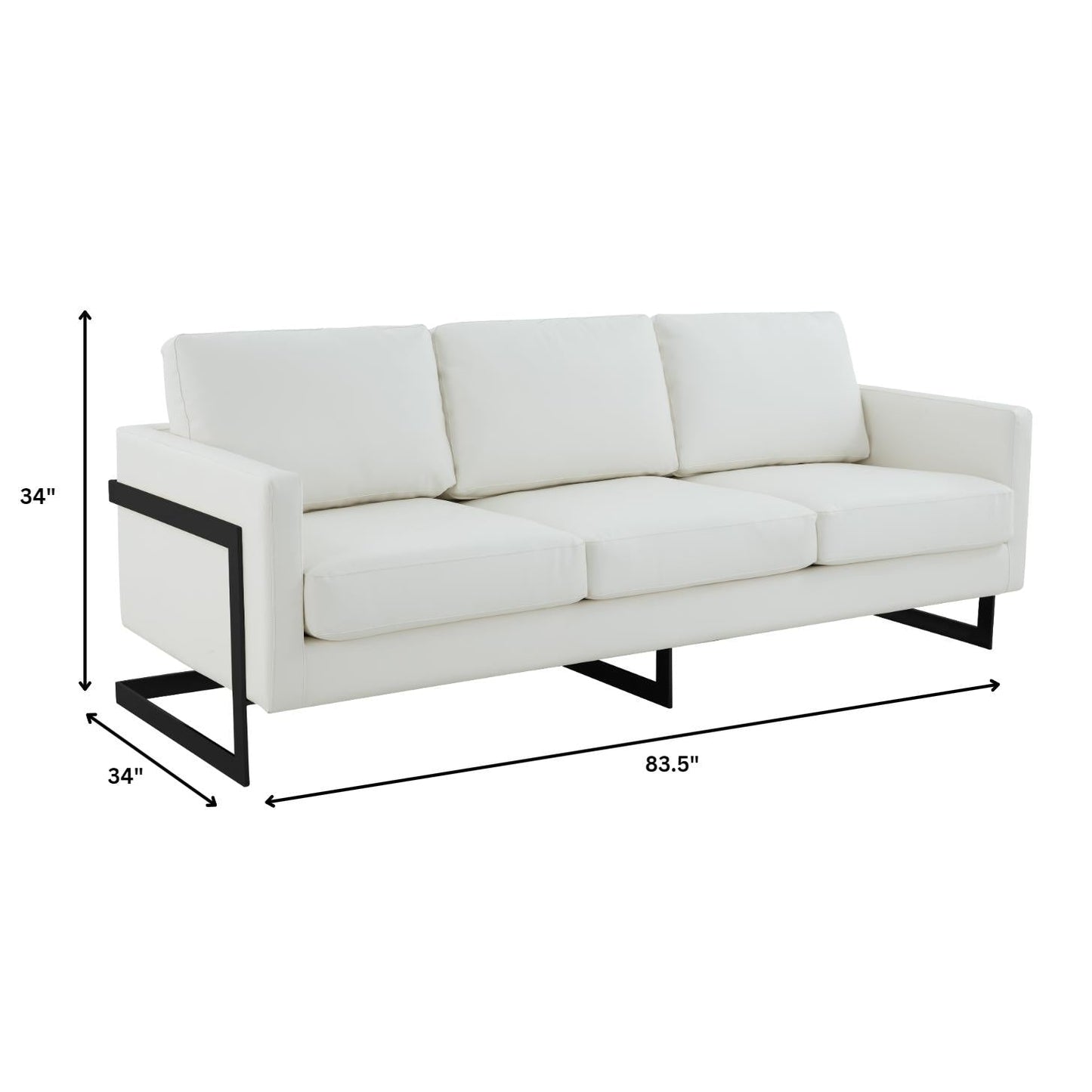 Divano a 3 posti minimalista in pelle imbottita con cuscini rimovibili in acciaio inossidabile per soggiorno e camera da letto