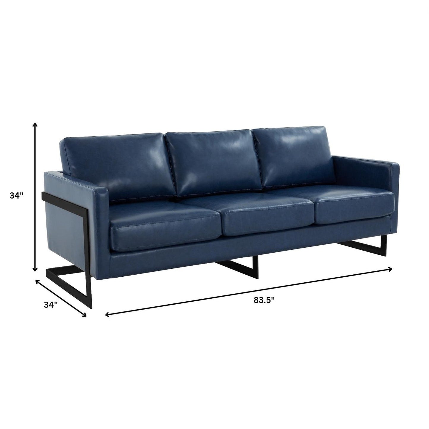Divano a 3 posti minimalista in pelle imbottita con cuscini rimovibili in acciaio inossidabile per soggiorno e camera da letto