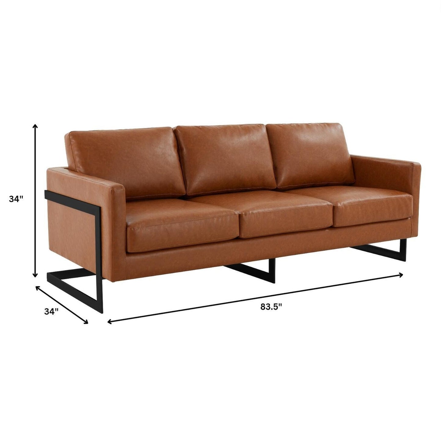 Divano a 3 posti minimalista in pelle imbottita con cuscini rimovibili in acciaio inossidabile per soggiorno e camera da letto