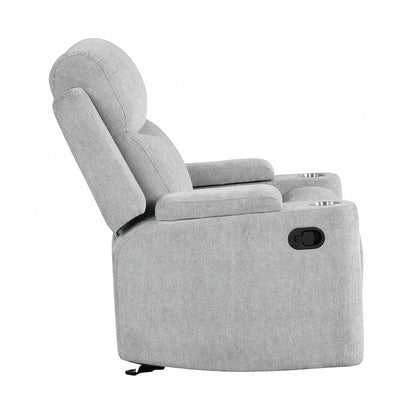 Poltrona reclinabile imbottita con movimento manuale e 2 portabicchieri, colore grigio chiaro