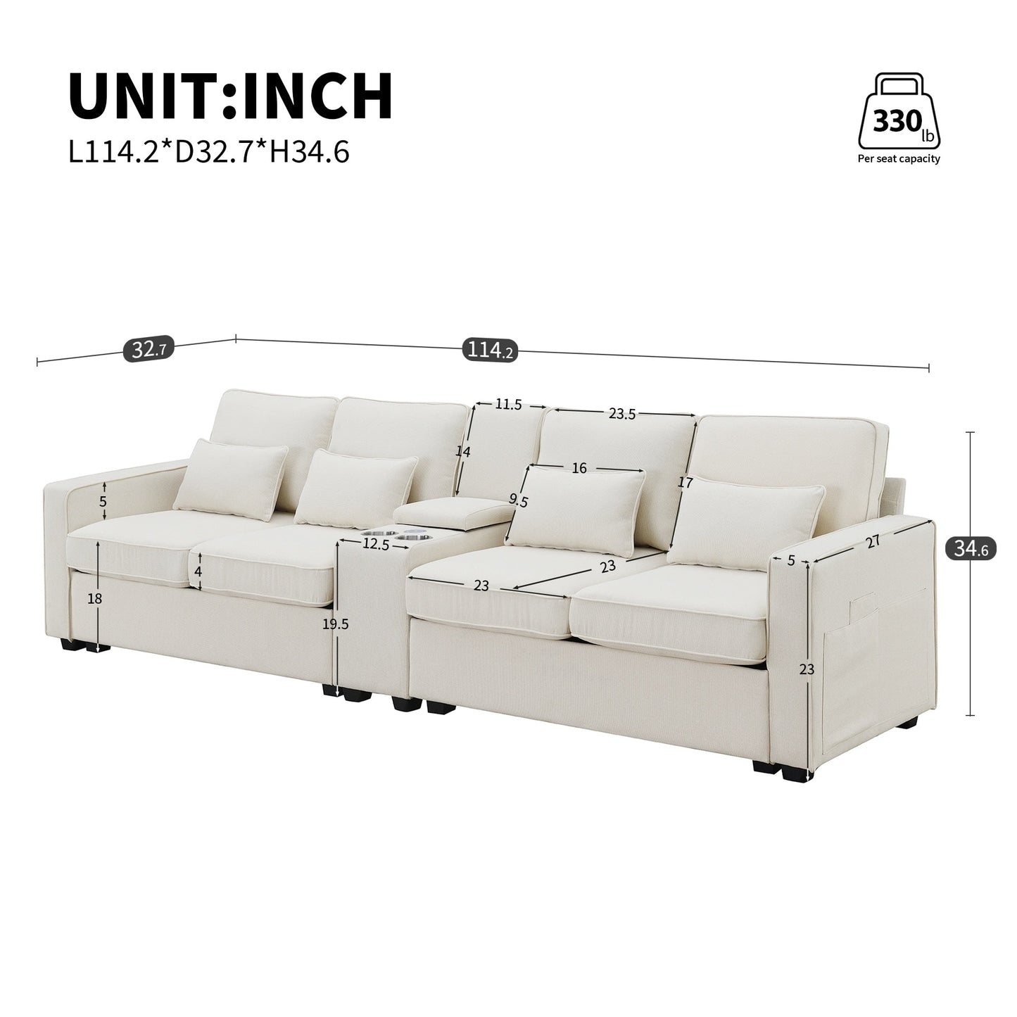 Divano imbottito con consolle, 2 portabicchieri e 2 porte USB con ricarica cablata o wireless, divani in tessuto di lino con 4 cuscini