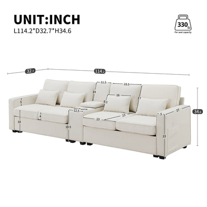 Divano imbottito con consolle, 2 portabicchieri e 2 porte USB con ricarica cablata o wireless, divani in tessuto di lino con 4 cuscini