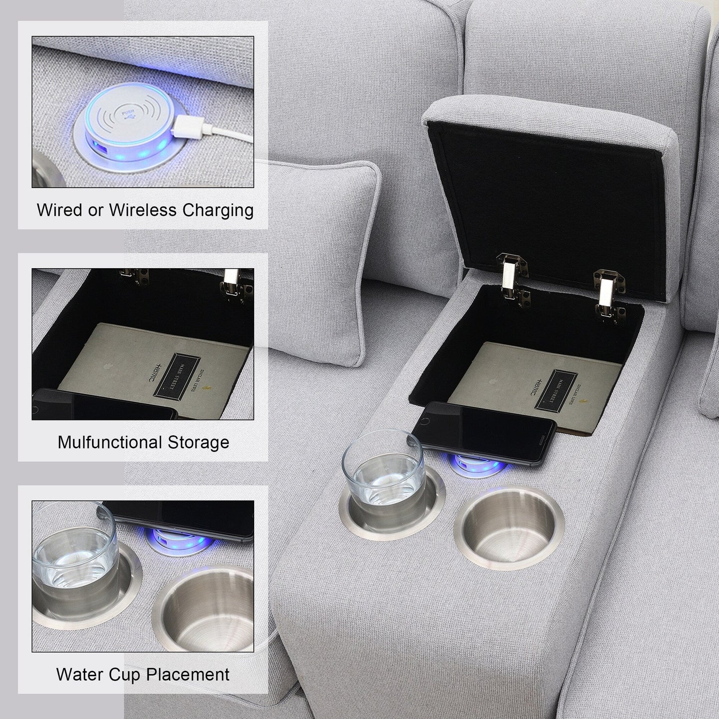 Divano imbottito con consolle, 2 portabicchieri e 2 porte USB con ricarica cablata o wireless, divani in tessuto di lino con 4 cuscini