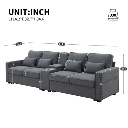 Divano imbottito con consolle, 2 portabicchieri e 2 porte USB con ricarica cablata o wireless, divani in tessuto di lino con 4 cuscini