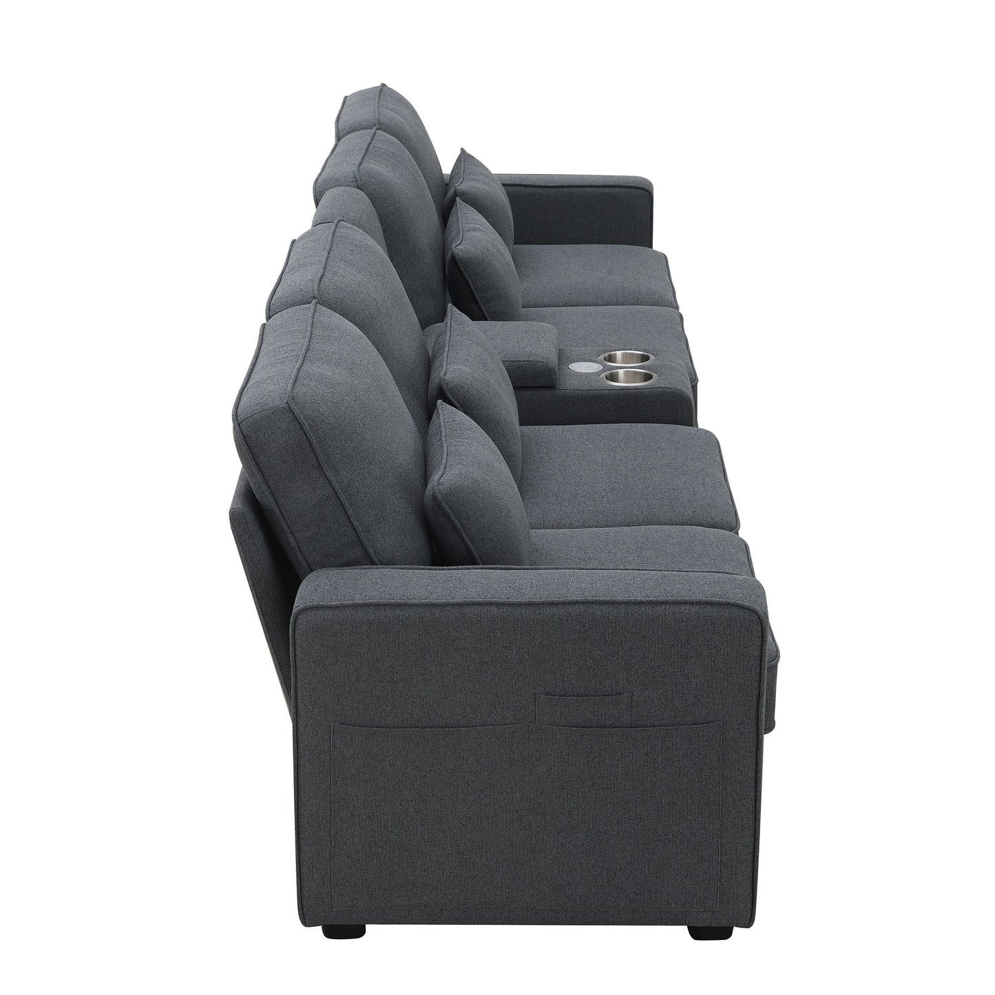 Divano imbottito con consolle, 2 portabicchieri e 2 porte USB con ricarica cablata o wireless, divani in tessuto di lino con 4 cuscini