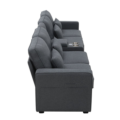 Divano imbottito con consolle, 2 portabicchieri e 2 porte USB con ricarica cablata o wireless, divani in tessuto di lino con 4 cuscini