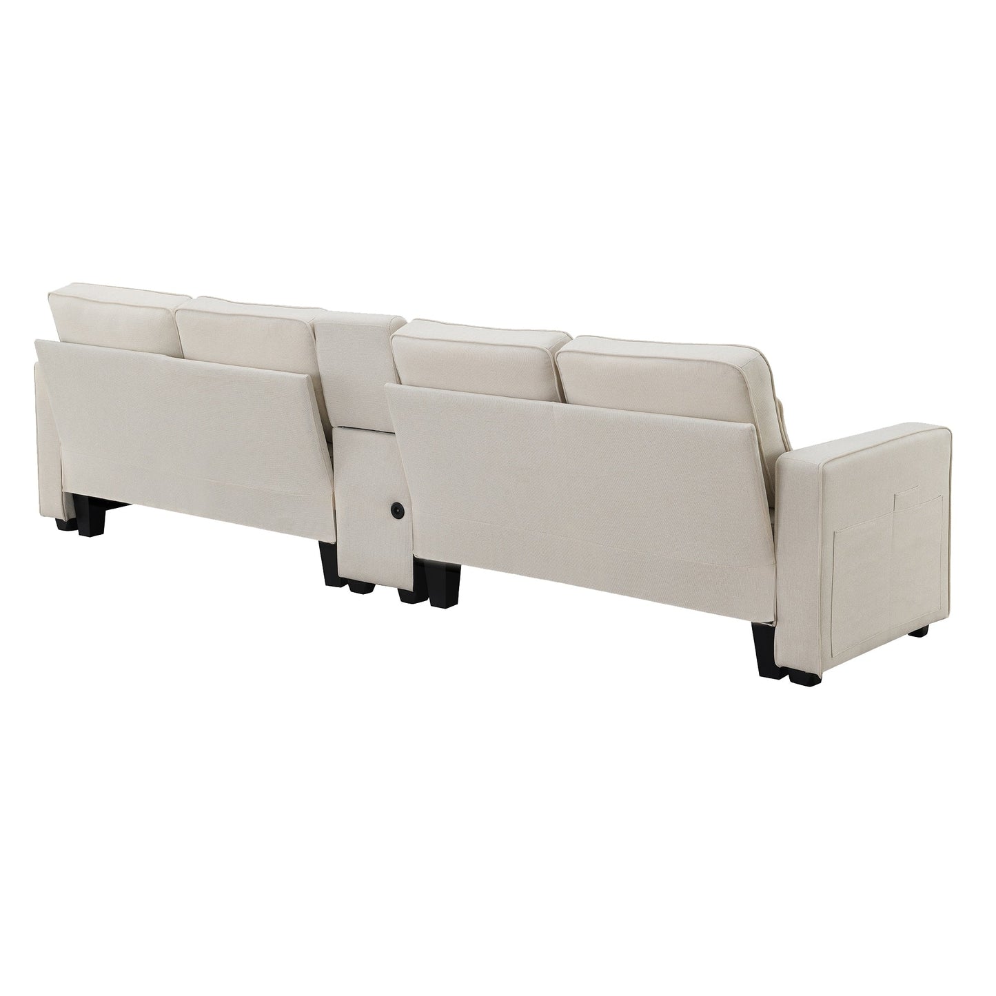 Divano imbottito con consolle, 2 portabicchieri e 2 porte USB con ricarica cablata o wireless, divani in tessuto di lino con 4 cuscini