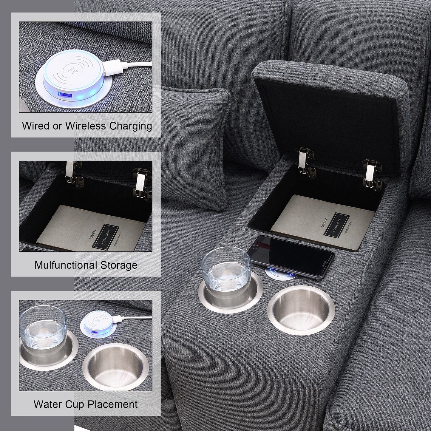 Divano imbottito con consolle, 2 portabicchieri e 2 porte USB con ricarica cablata o wireless, divani in tessuto di lino con 4 cuscini