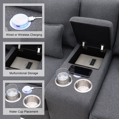 Divano imbottito con consolle, 2 portabicchieri e 2 porte USB con ricarica cablata o wireless, divani in tessuto di lino con 4 cuscini