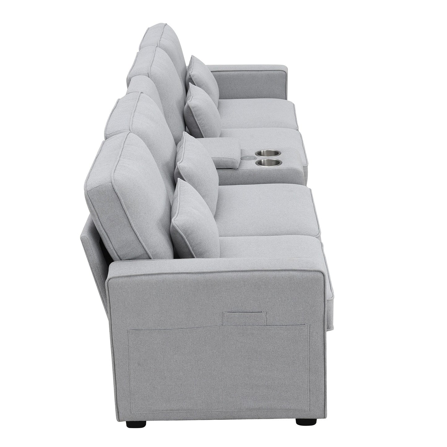Divano imbottito con consolle, 2 portabicchieri e 2 porte USB con ricarica cablata o wireless, divani in tessuto di lino con 4 cuscini
