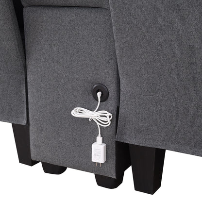 Divano imbottito con consolle, 2 portabicchieri e 2 porte USB con ricarica cablata o wireless, divani in tessuto di lino con 4 cuscini