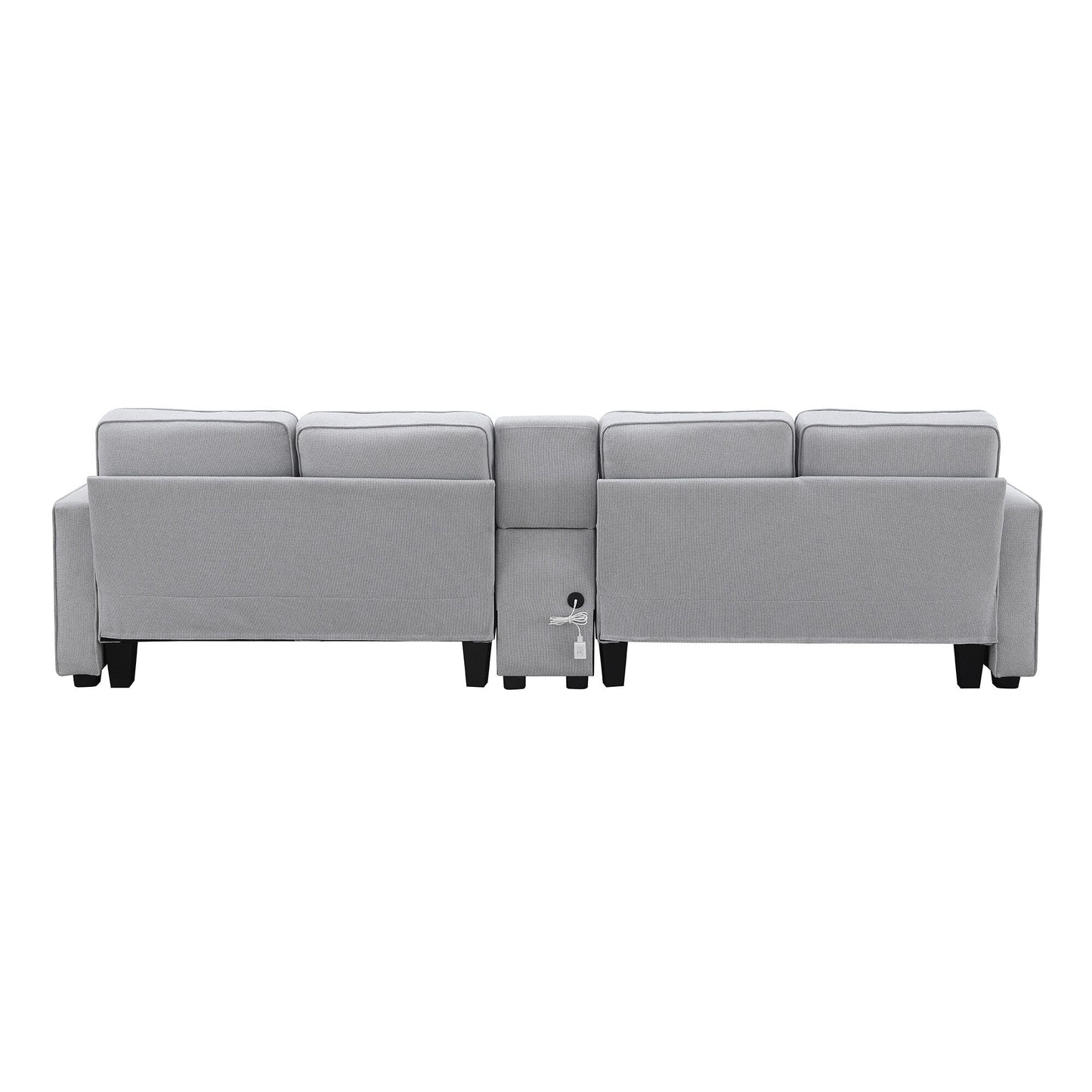 Divano imbottito con consolle, 2 portabicchieri e 2 porte USB con ricarica cablata o wireless, divani in tessuto di lino con 4 cuscini