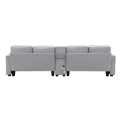 Divano imbottito con consolle, 2 portabicchieri e 2 porte USB con ricarica cablata o wireless, divani in tessuto di lino con 4 cuscini