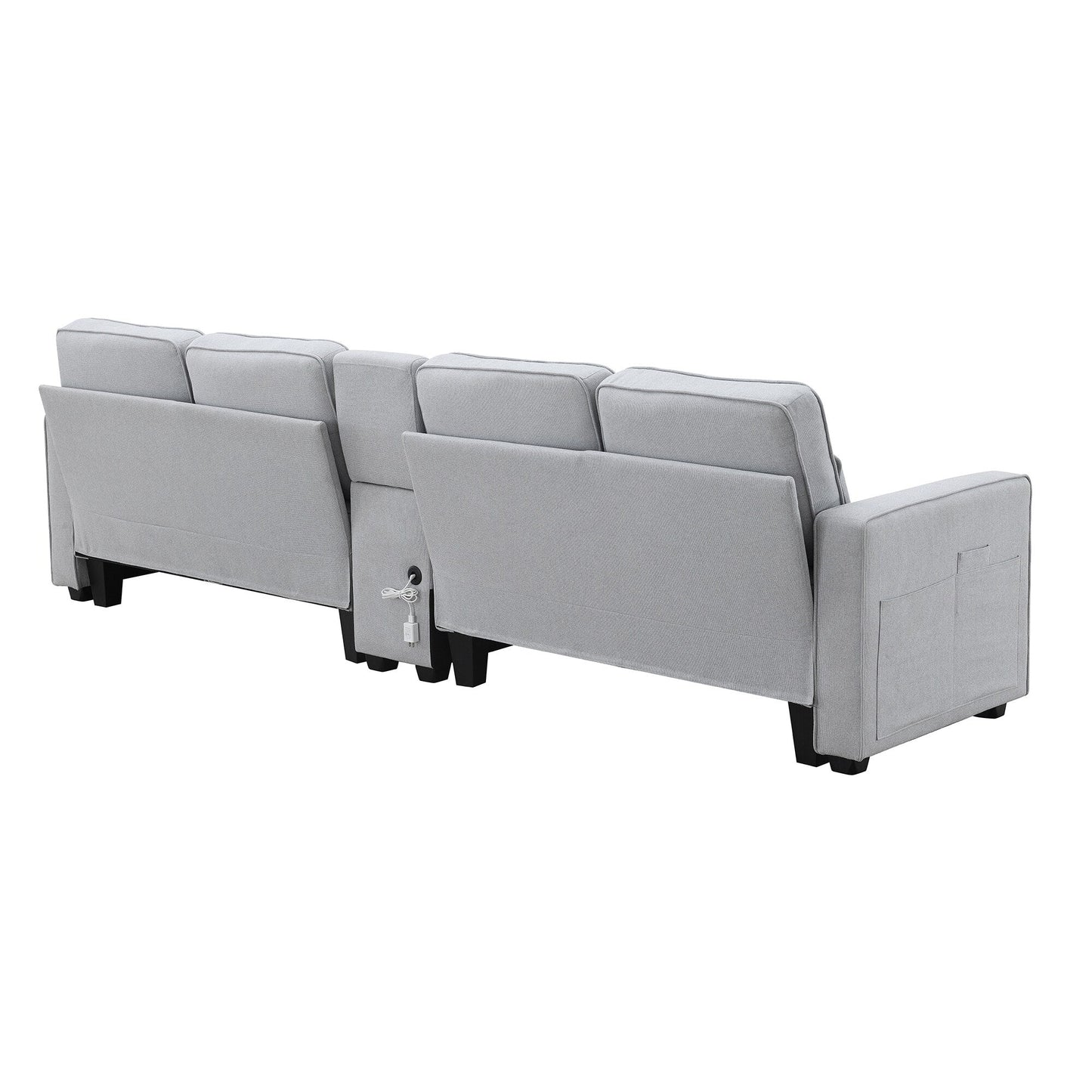 Divano imbottito con consolle, 2 portabicchieri e 2 porte USB con ricarica cablata o wireless, divani in tessuto di lino con 4 cuscini