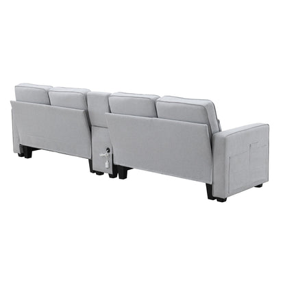 Divano imbottito con consolle, 2 portabicchieri e 2 porte USB con ricarica cablata o wireless, divani in tessuto di lino con 4 cuscini
