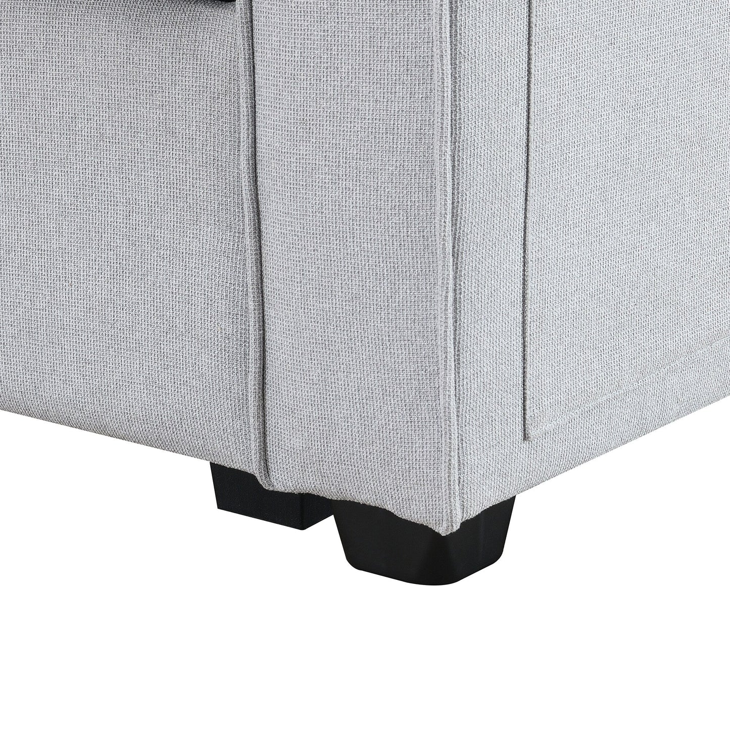 Divano imbottito con consolle, 2 portabicchieri e 2 porte USB con ricarica cablata o wireless, divani in tessuto di lino con 4 cuscini