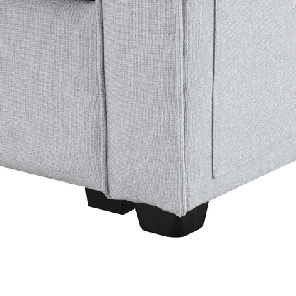 Divano imbottito con consolle, 2 portabicchieri e 2 porte USB con ricarica cablata o wireless, divani in tessuto di lino con 4 cuscini