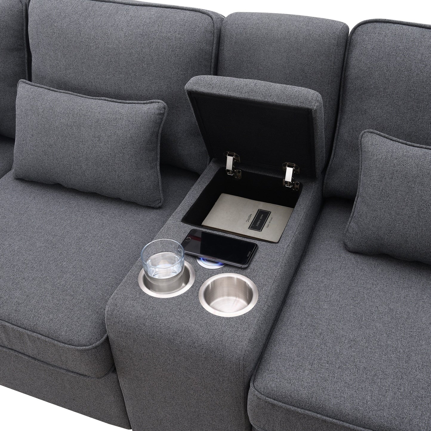 Divano imbottito con consolle, 2 portabicchieri e 2 porte USB con ricarica cablata o wireless, divani in tessuto di lino con 4 cuscini