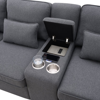 Divano imbottito con consolle, 2 portabicchieri e 2 porte USB con ricarica cablata o wireless, divani in tessuto di lino con 4 cuscini