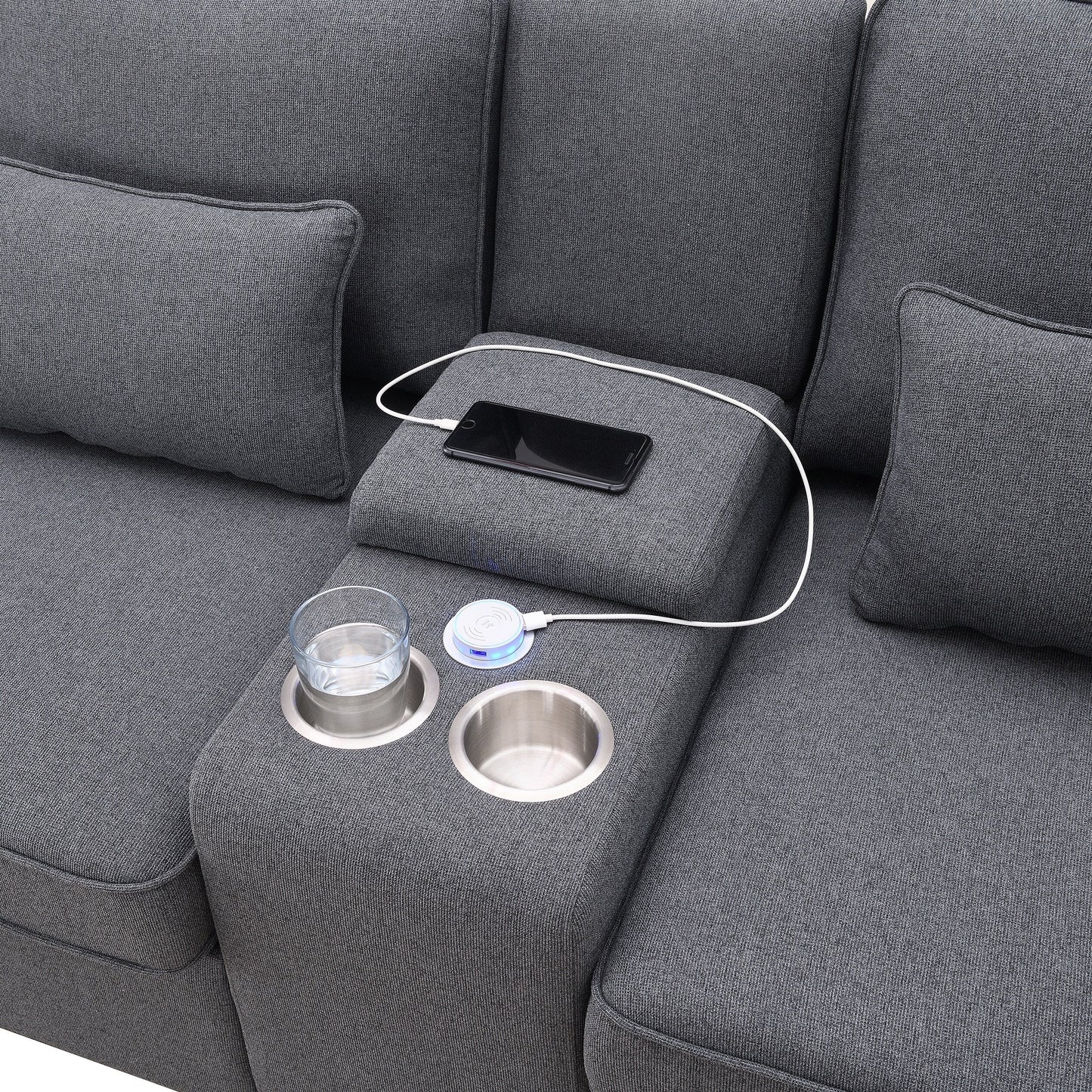 Divano imbottito con consolle, 2 portabicchieri e 2 porte USB con ricarica cablata o wireless, divani in tessuto di lino con 4 cuscini