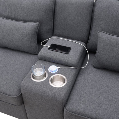 Divano imbottito con consolle, 2 portabicchieri e 2 porte USB con ricarica cablata o wireless, divani in tessuto di lino con 4 cuscini