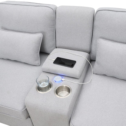 Divano imbottito con consolle, 2 portabicchieri e 2 porte USB con ricarica cablata o wireless, divani in tessuto di lino con 4 cuscini