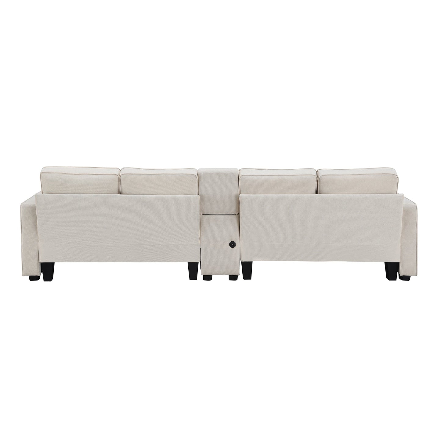 Divano imbottito con consolle, 2 portabicchieri e 2 porte USB con ricarica cablata o wireless, divani in tessuto di lino con 4 cuscini