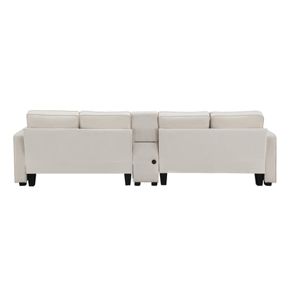 Divano imbottito con consolle, 2 portabicchieri e 2 porte USB con ricarica cablata o wireless, divani in tessuto di lino con 4 cuscini