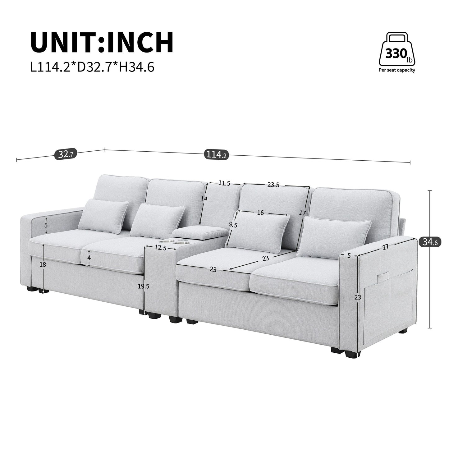Divano imbottito con consolle, 2 portabicchieri e 2 porte USB con ricarica cablata o wireless, divani in tessuto di lino con 4 cuscini