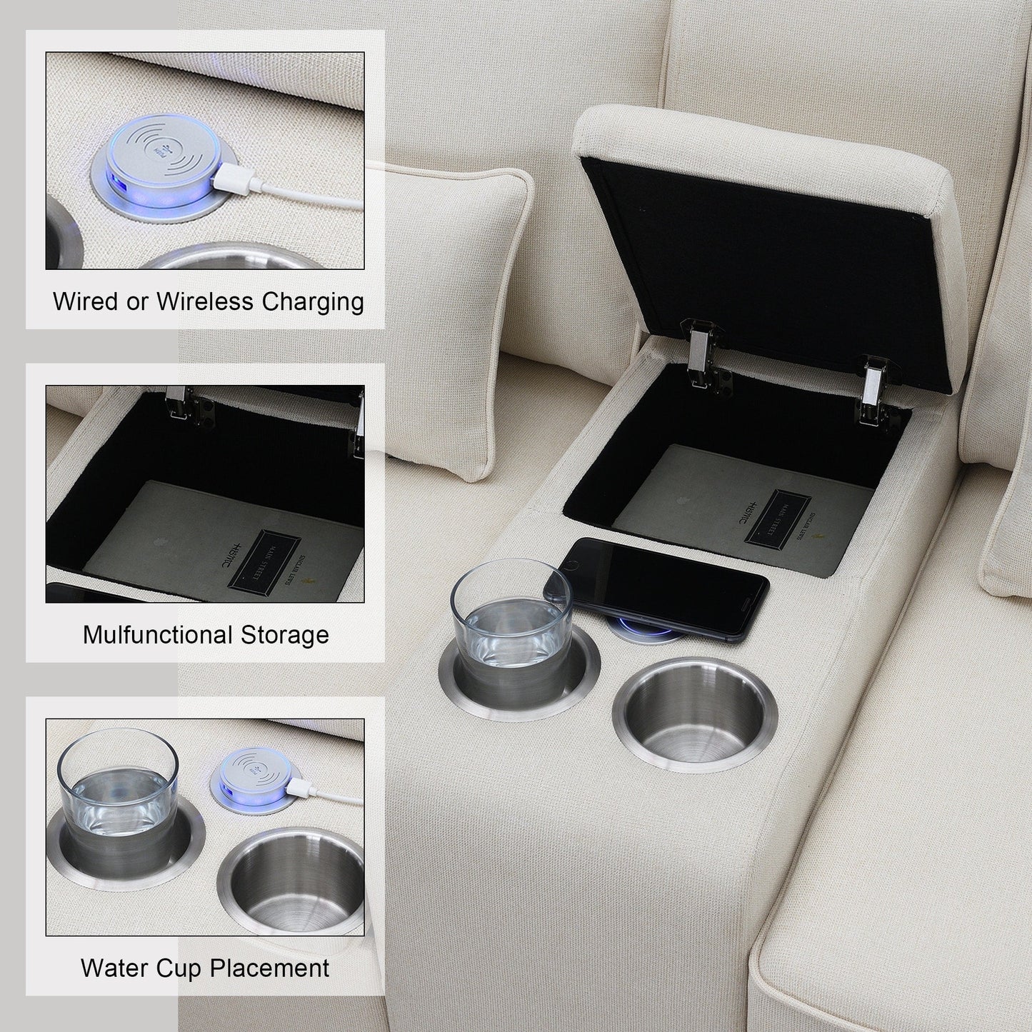 Divano imbottito con consolle, 2 portabicchieri e 2 porte USB con ricarica cablata o wireless, divani in tessuto di lino con 4 cuscini