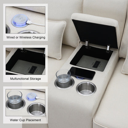 Divano imbottito con consolle, 2 portabicchieri e 2 porte USB con ricarica cablata o wireless, divani in tessuto di lino con 4 cuscini