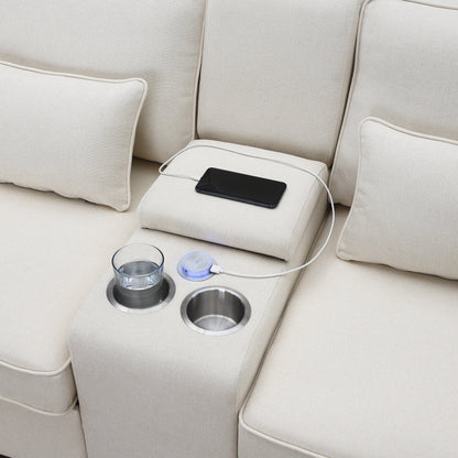 Divano imbottito con consolle, 2 portabicchieri e 2 porte USB con ricarica cablata o wireless, divani in tessuto di lino con 4 cuscini