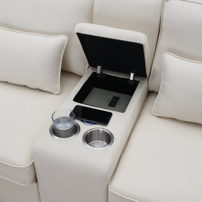 Divano imbottito con consolle, 2 portabicchieri e 2 porte USB con ricarica cablata o wireless, divani in tessuto di lino con 4 cuscini