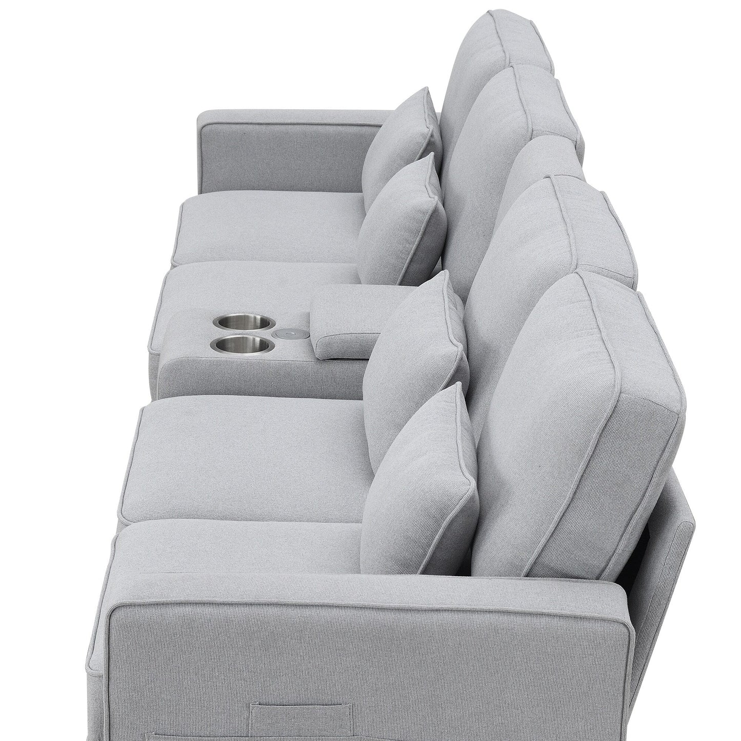 Divano imbottito con consolle, 2 portabicchieri e 2 porte USB con ricarica cablata o wireless, divani in tessuto di lino con 4 cuscini