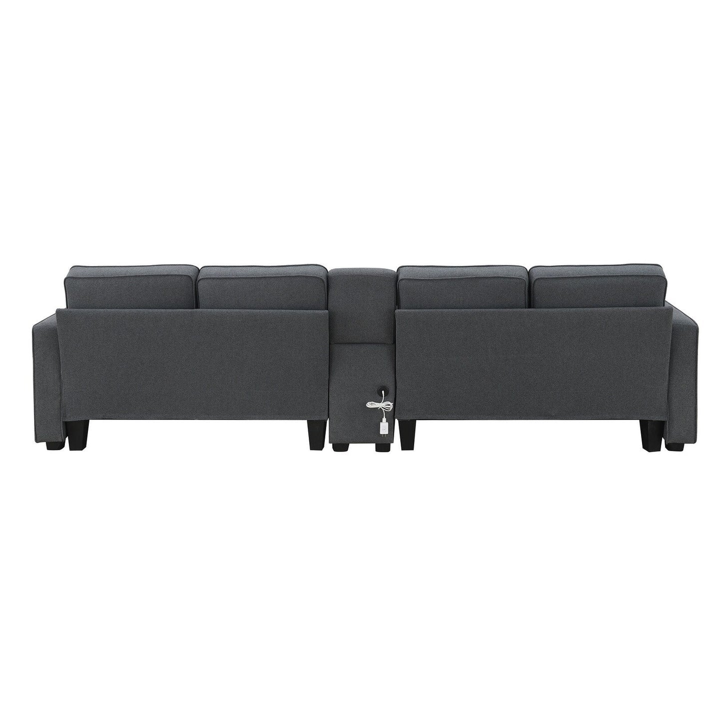 Divano imbottito con consolle, 2 portabicchieri e 2 porte USB con ricarica cablata o wireless, divani in tessuto di lino con 4 cuscini