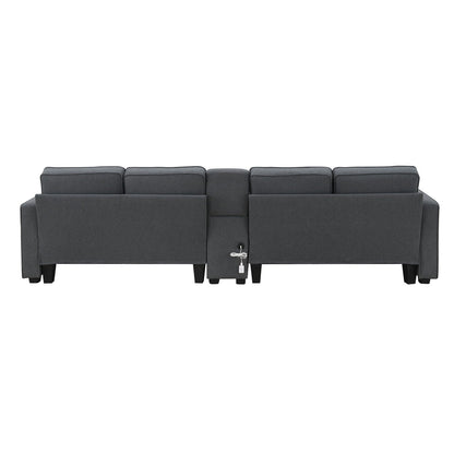Divano imbottito con consolle, 2 portabicchieri e 2 porte USB con ricarica cablata o wireless, divani in tessuto di lino con 4 cuscini