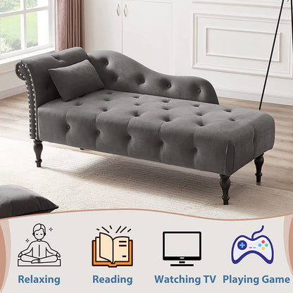 61 Poltrona Chaise Longue in Velluto con 1 Cuscino e Borchie Rifinite