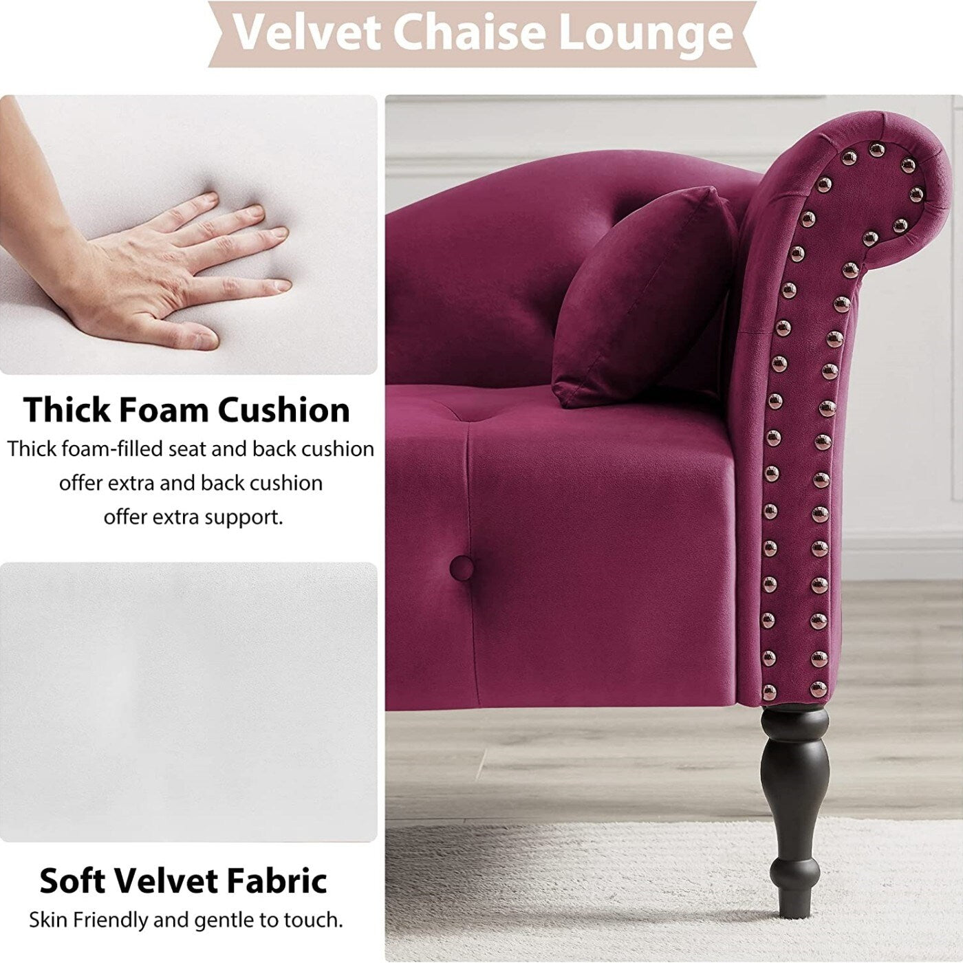 61 Poltrona Chaise Longue in Velluto con 1 Cuscino e Borchie Rifinite