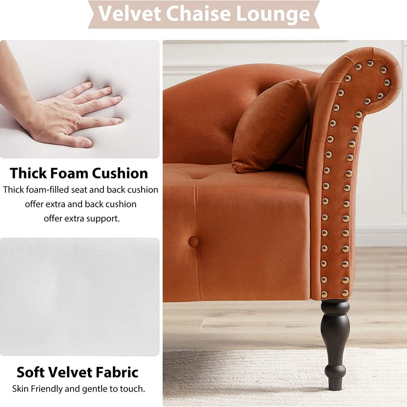 61 Poltrona Chaise Longue in Velluto con 1 Cuscino e Borchie Rifinite