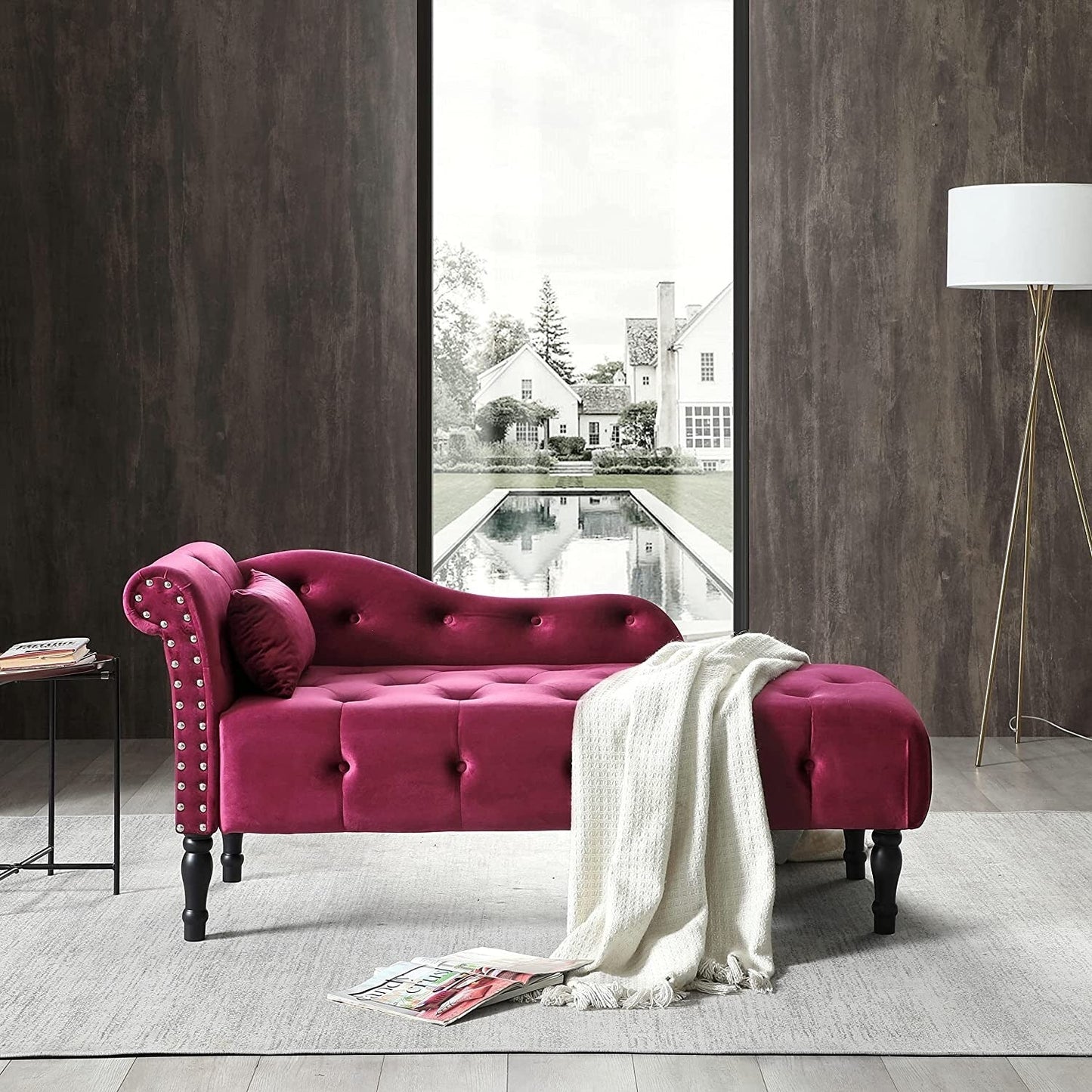 61 Poltrona Chaise Longue in Velluto con 1 Cuscino e Borchie Rifinite