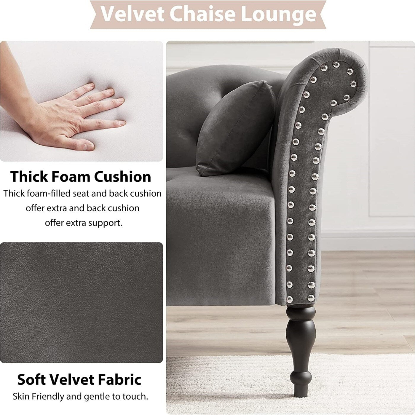 61 Poltrona Chaise Longue in Velluto con 1 Cuscino e Borchie Rifinite