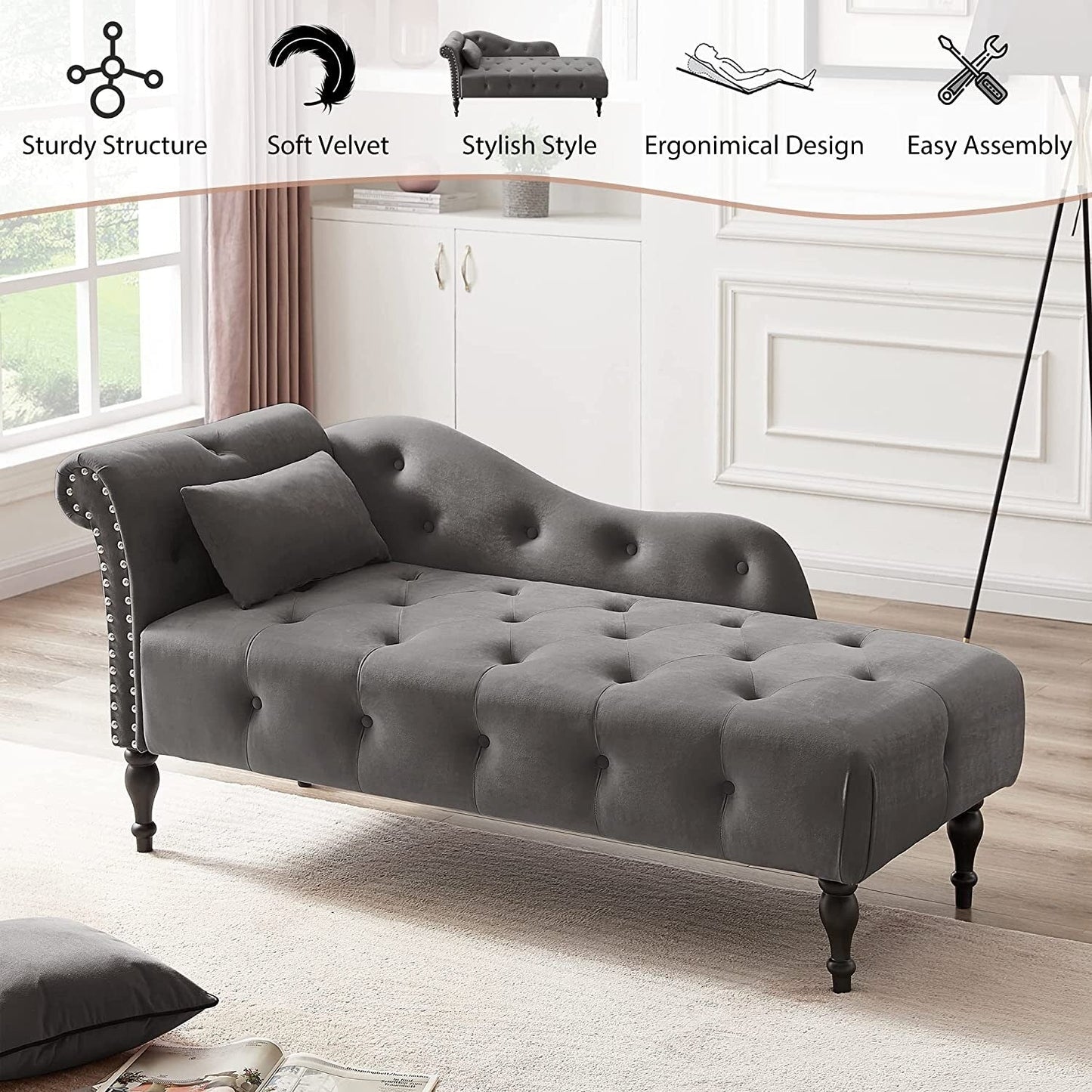 61 Poltrona Chaise Longue in Velluto con 1 Cuscino e Borchie Rifinite