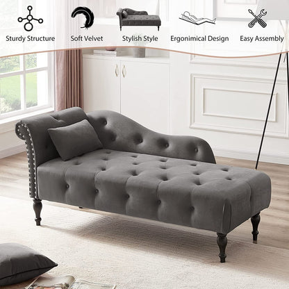 61 Poltrona Chaise Longue in Velluto con 1 Cuscino e Borchie Rifinite