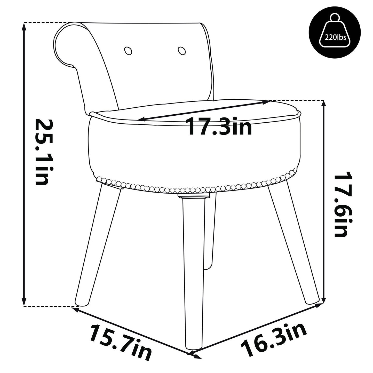 Sedia da trucco VEIKOUS con schienale basso e gambe in legno - 17,3 x 15,7 x 25,1