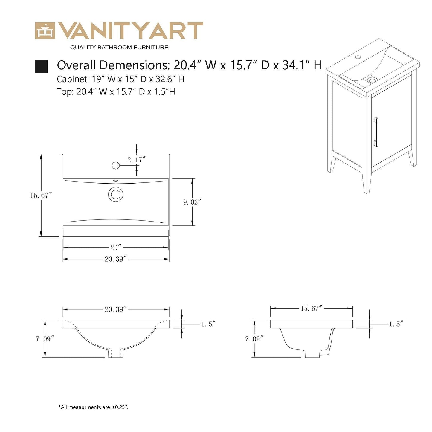 Mobiletto per lavabo da bagno Vanity Art 20 o 24 o 30 con piano in ceramica